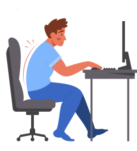 Illustration of man sitting at a computer leaning over his computer to demonstrate poor posture.