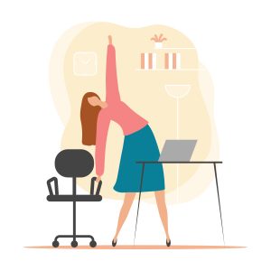 Illustration of a woman standing next to her desk, using her office chair for support, and stretching to prevent repetitive stress injuries.