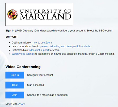 Screen capture of the University of Maryland Zoom Login Screen