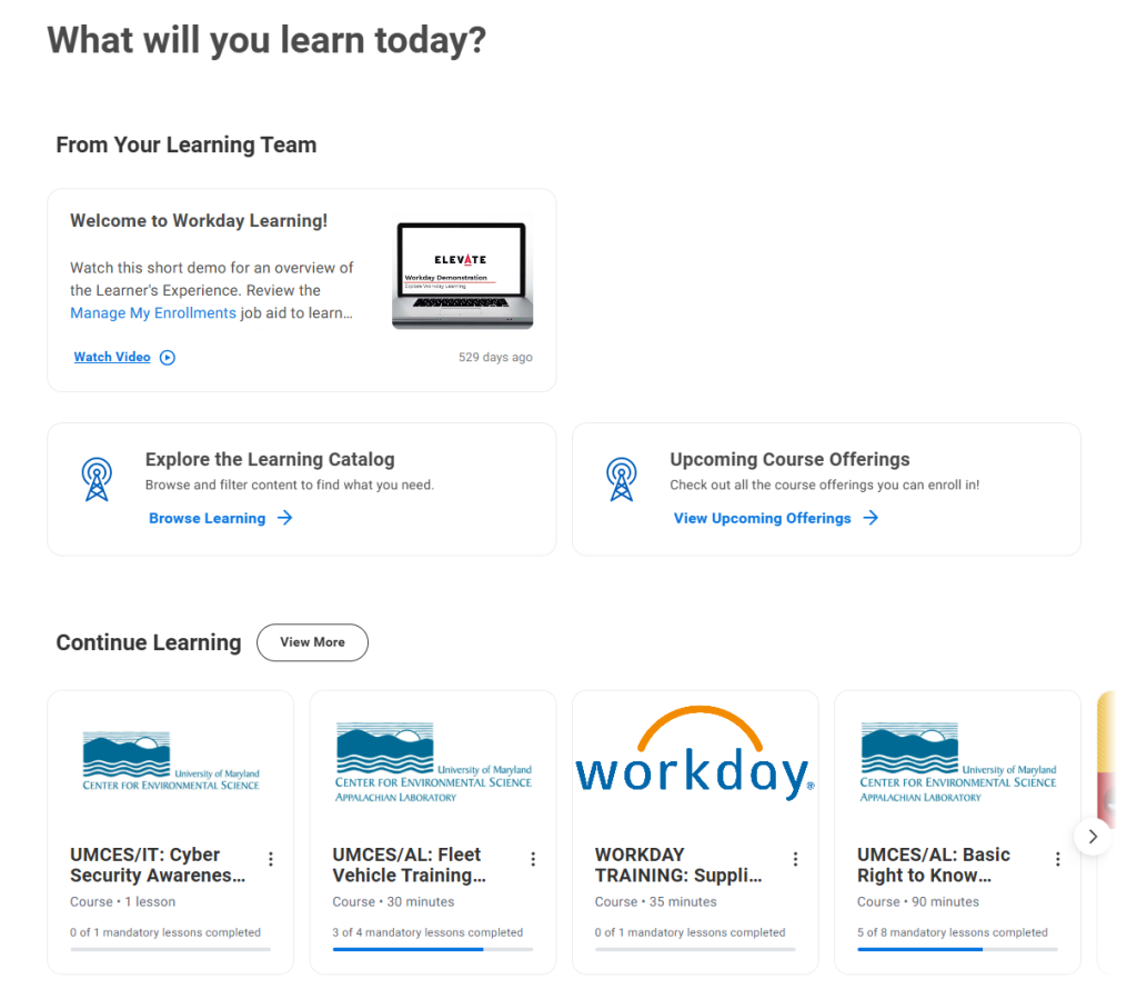 Screenshot of assigned learning courses in Workday