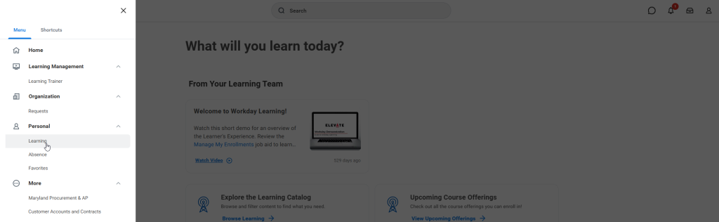 Screenshot of menu drop down from Workday