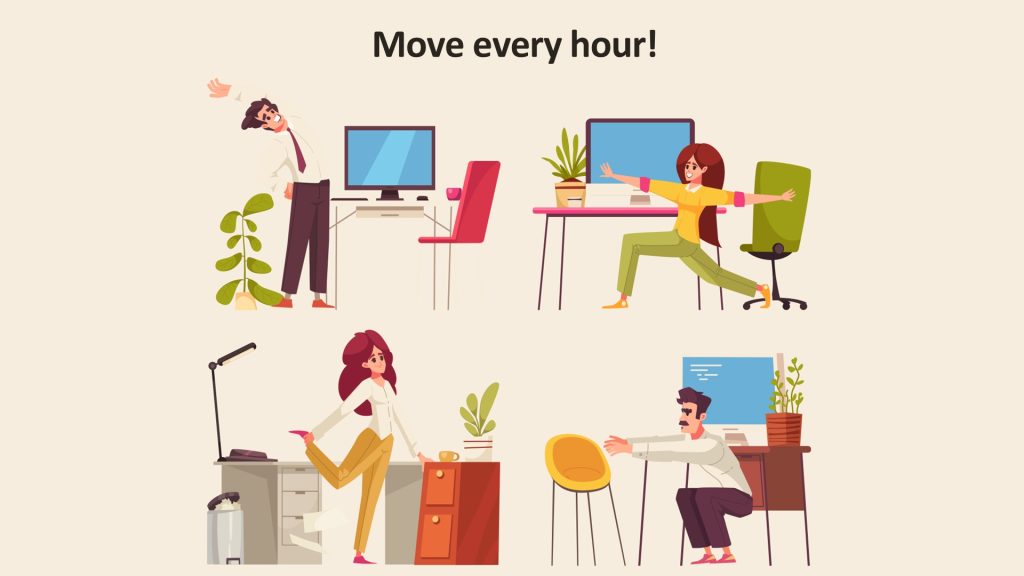 Infographic suggesting that users get up and move every hour to avoid repetitive stress injuries.